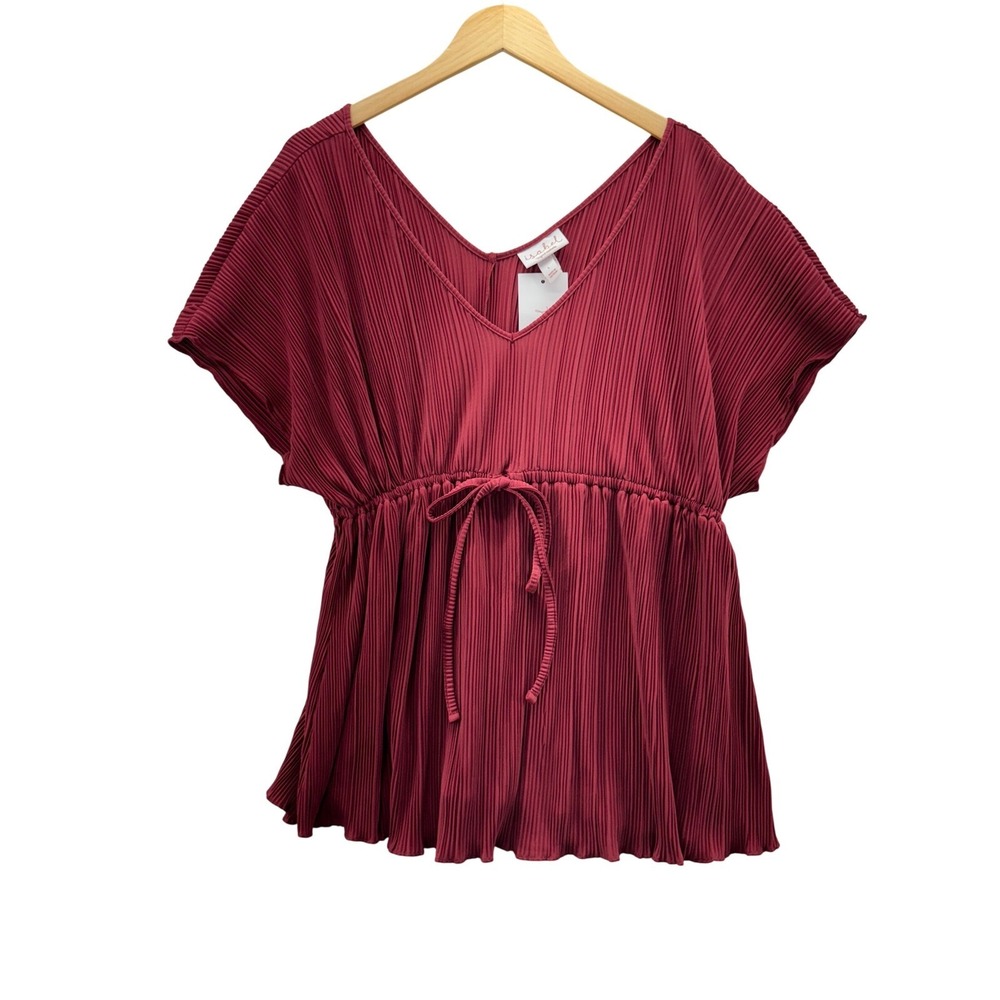 Maternity Women Large‎ Maroon Solid Pleated Empire Waist V-Neck Blouse Top